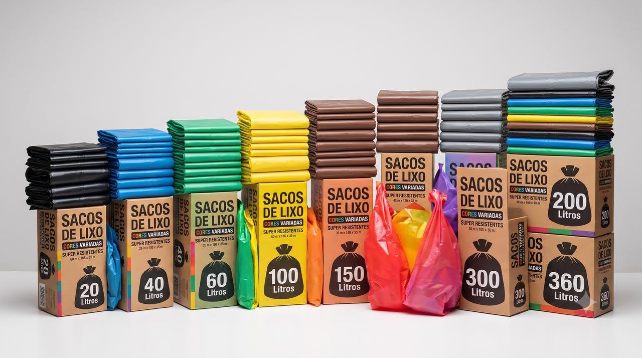 Caixas de sacos de lixo de 20 a 360 litros com pilhas de sacos coloridos